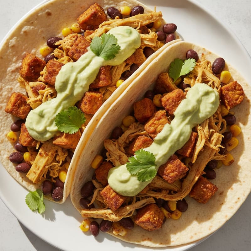 Jackfruit and Tempeh Tacos with Avocado Crema