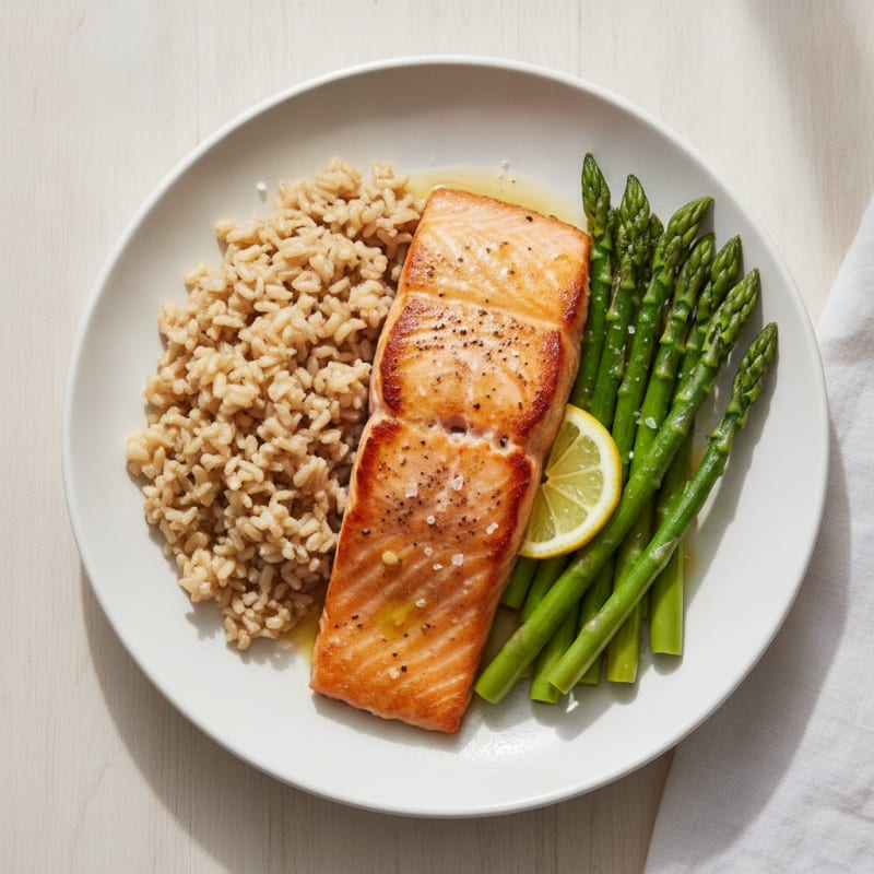 Seared Salmon with Steamed Asparagus and Brown Rice