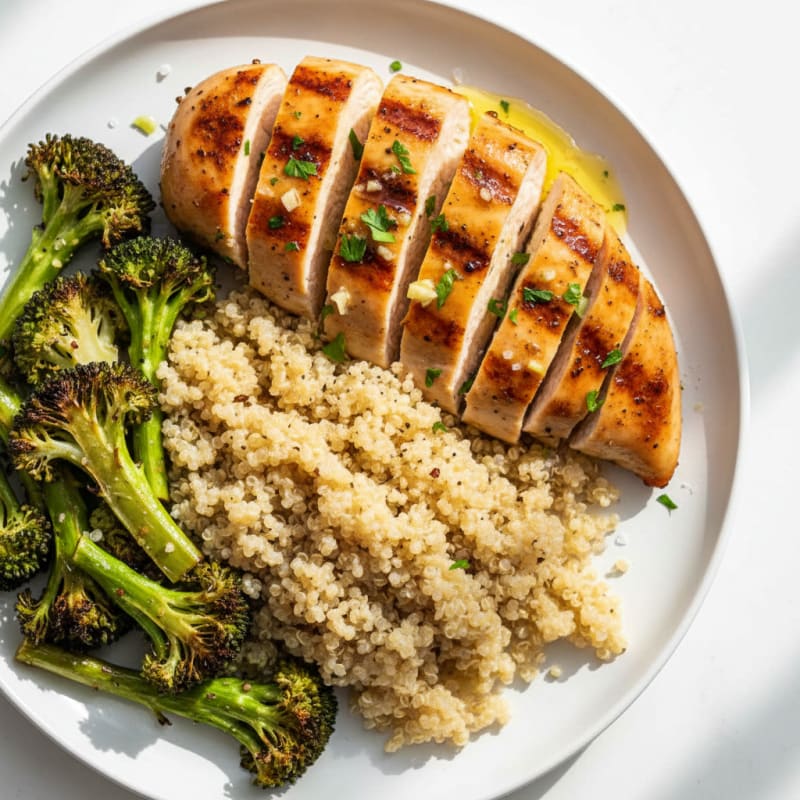 Grilled Chicken Breast over Quinoa and Roasted Broccoli