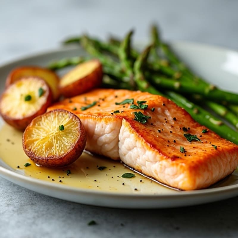 Seared Salmon with Roasted Potatoes and Asparagus