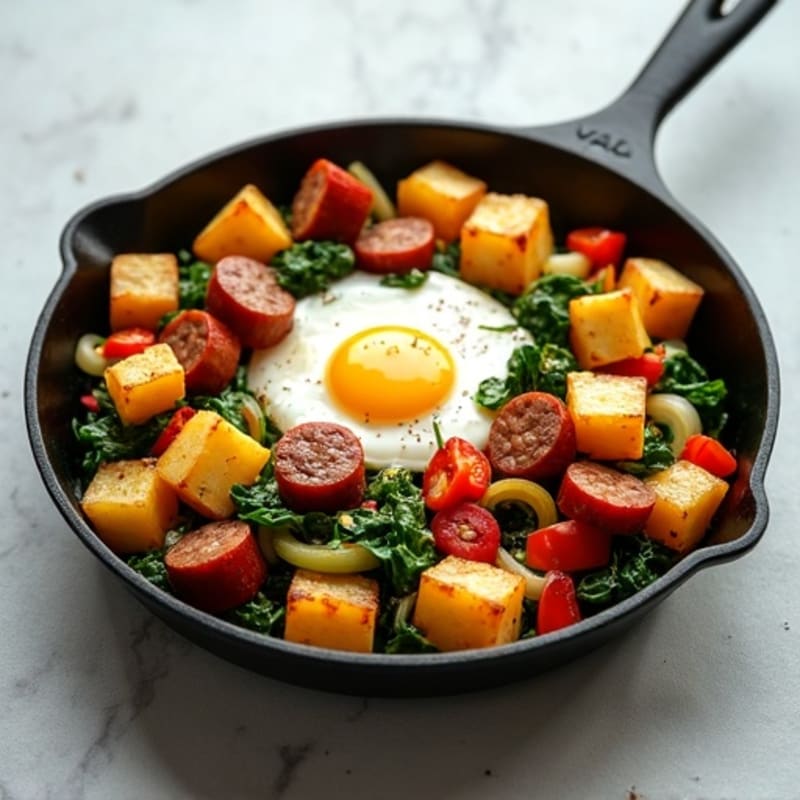 Crispy Potato and Egg Skillet with Savory Sausage and Fresh Vegetables