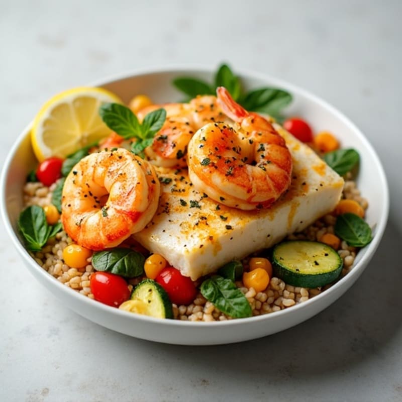 Pan-Seared Seafood with Saffron-Infused Brown Rice and Crisp Vegetables