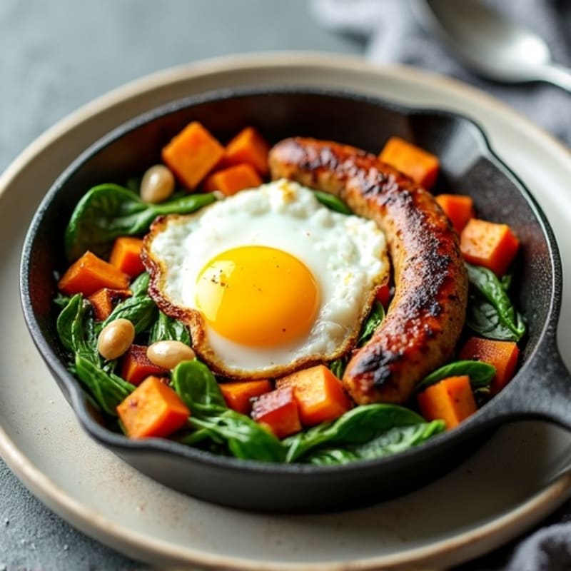 Lean Turkey Sausage and Crispy Sweet Potato Egg Skillet