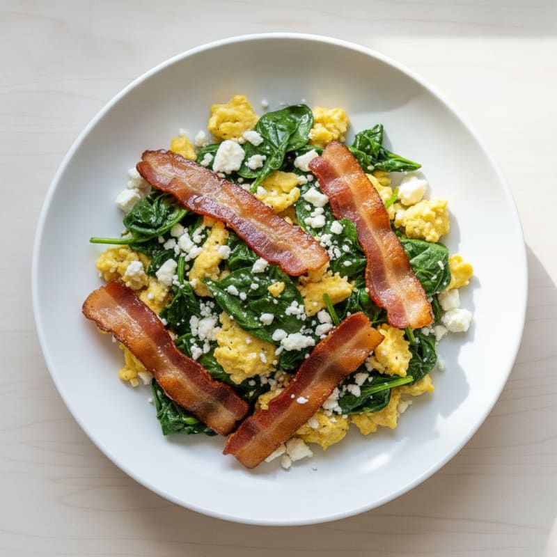 Crispy Turkey Bacon and Egg White Scramble with Sautéed Spinach