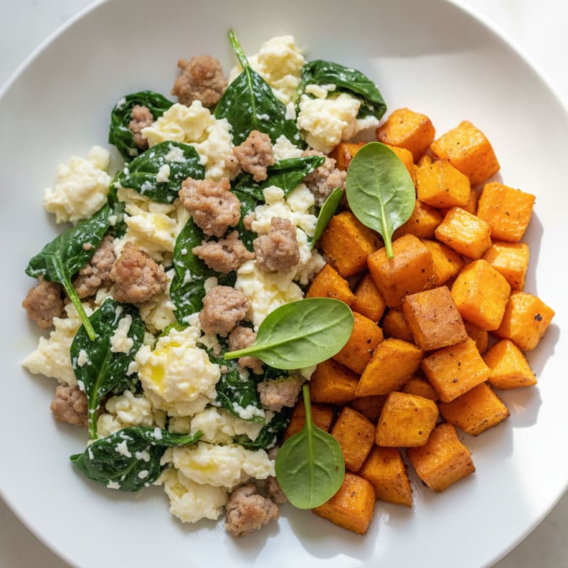 Egg White and Turkey Sausage Scramble with Spinach and Roasted Sweet Potatoes