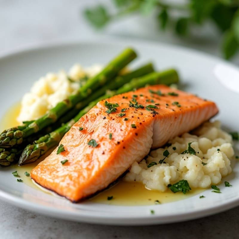 Baked Salmon with Asparagus and Garlic Mashed Cauliflower