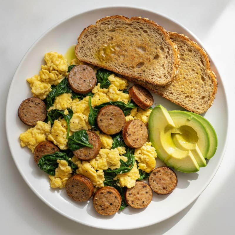 Scrambled Eggs with Turkey Sausage and Sautéed Spinach