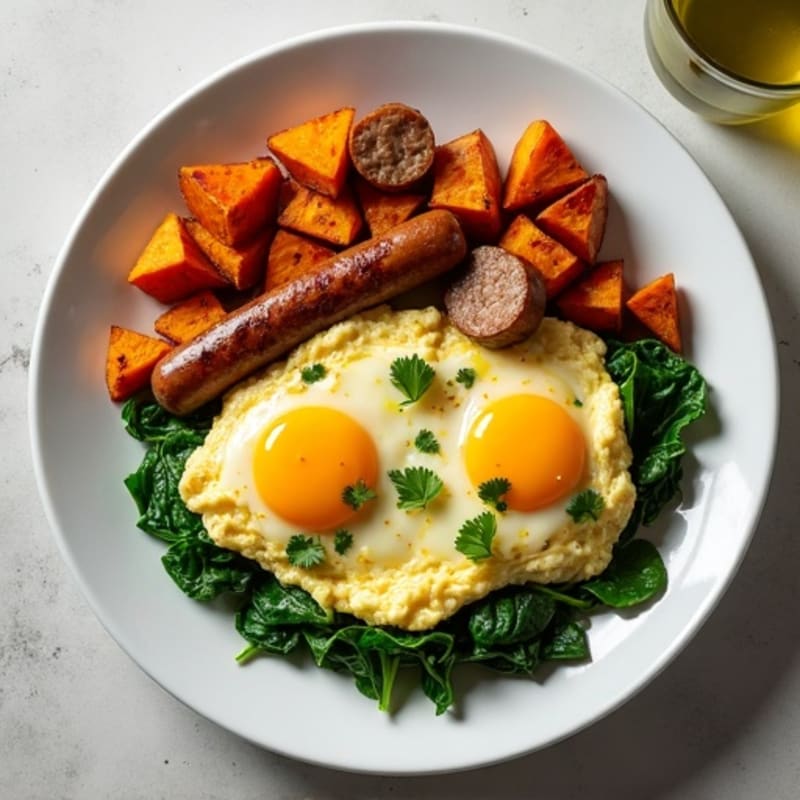 Egg White and Turkey Sausage Scramble with Spinach and Roasted Sweet Potatoes