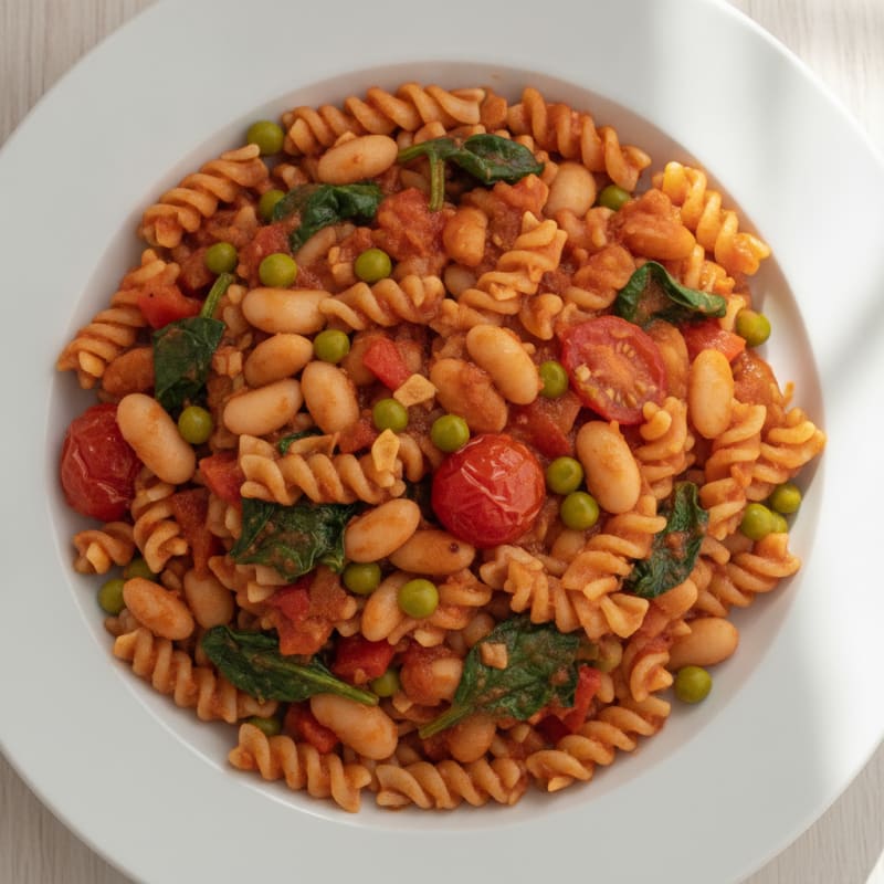 White Bean and Vegetable Pasta in Savory Tomato Sauce