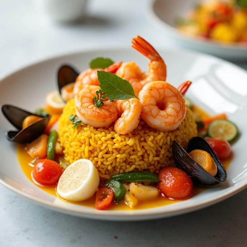 Fresh Seafood Saffron Rice with Tender Vegetables