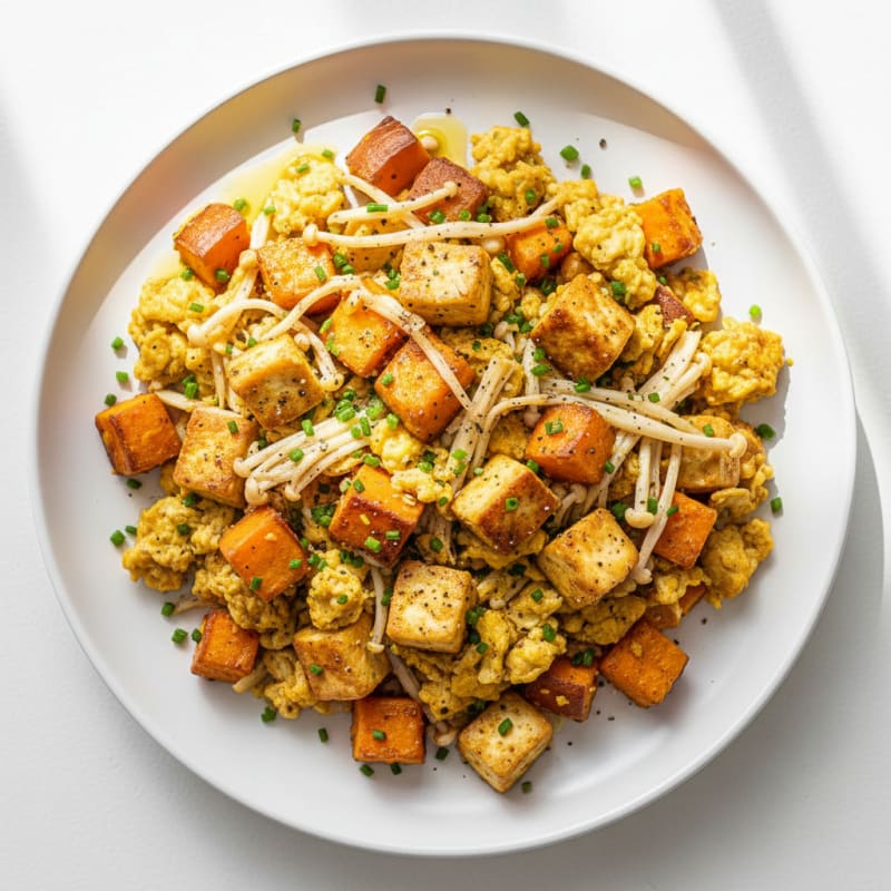 Sweet Potato and Tofu Scramble with Enoki