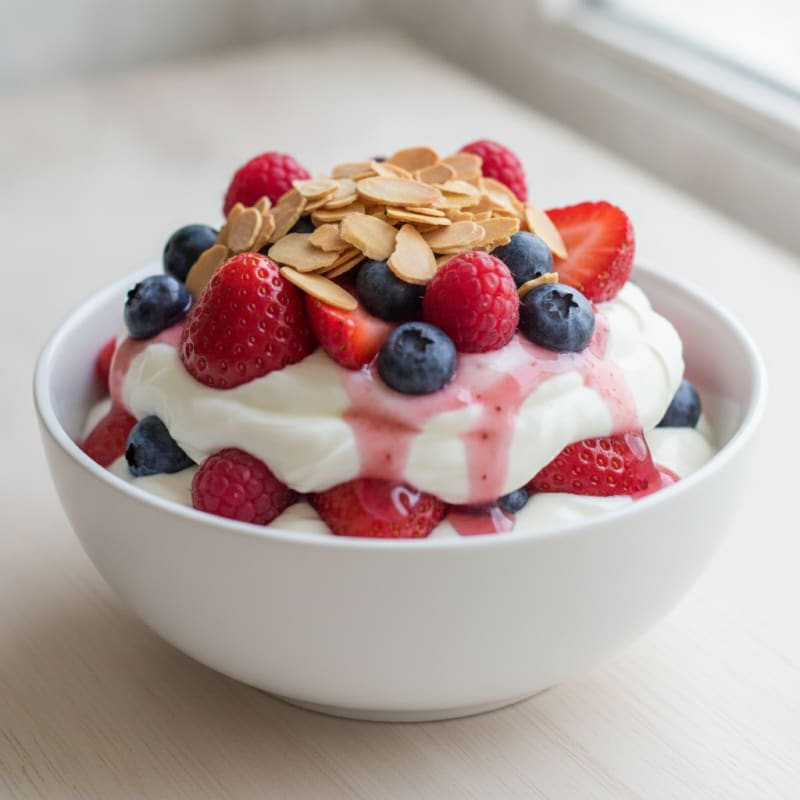 Greek Yogurt Protein Parfait with Mixed Berries and Almonds