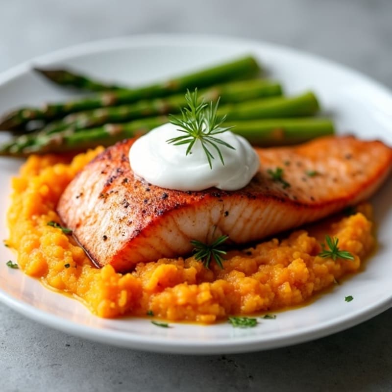 Seared Salmon Fillet with Roasted Asparagus and Sweet Potato Mash