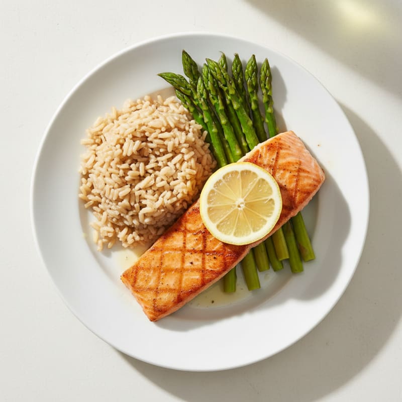 Seared Salmon Fillet with Steamed Asparagus and Brown Rice
