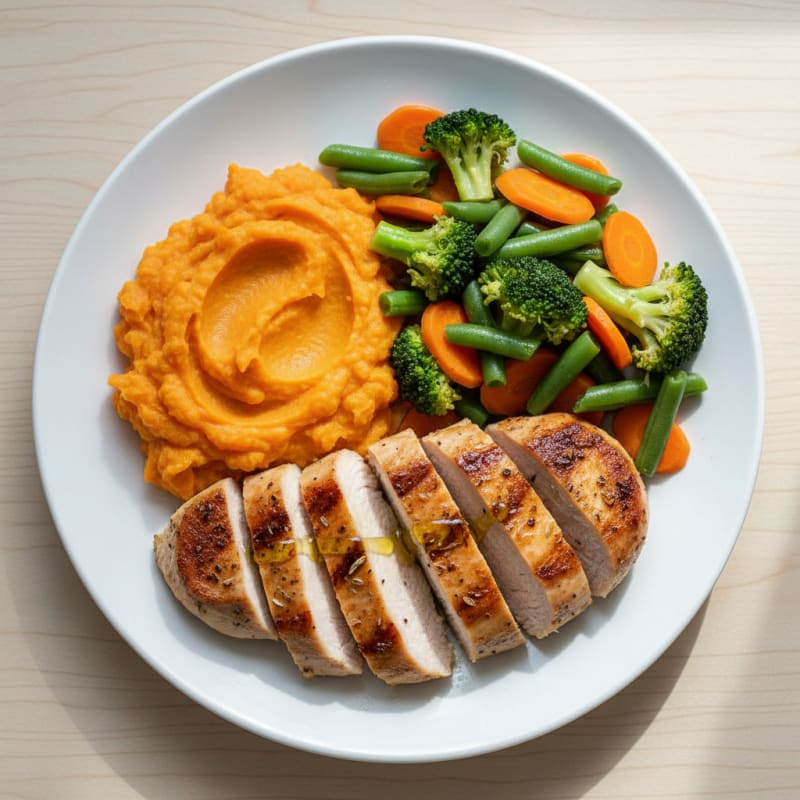 Grilled Turkey Breast with Steamed Mixed Vegetables and Sweet Potato Mash