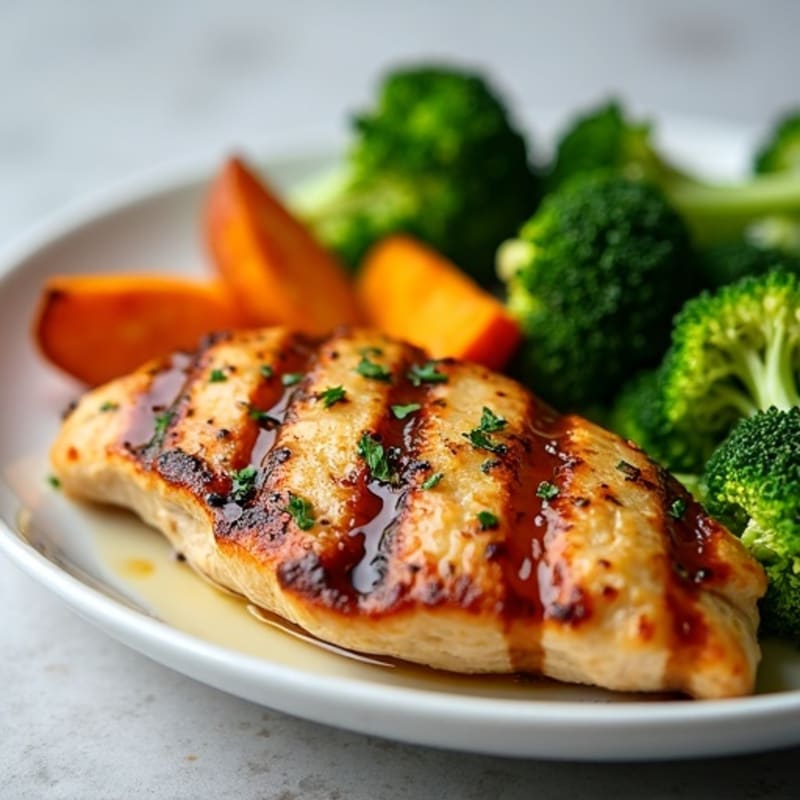 Grilled Chicken Breast with Roasted Sweet Potatoes and Steamed Broccoli