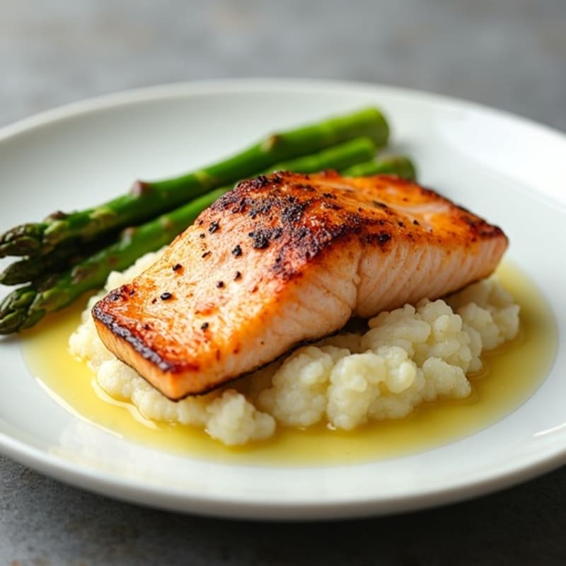 Seared Salmon with Steamed Asparagus and Cauliflower Mash