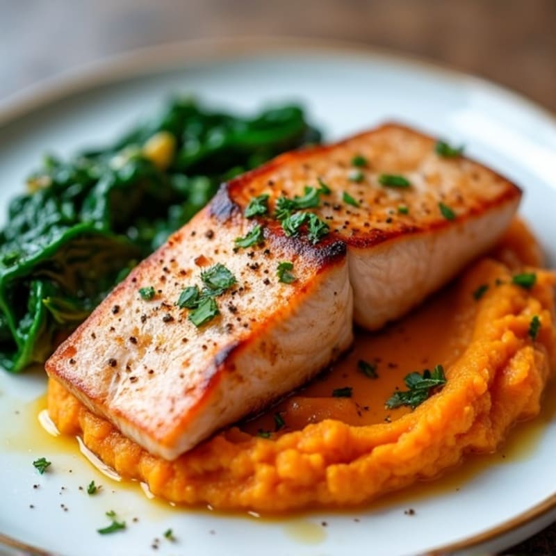 Seared Salmon with Garlic Spinach and Sweet Potato Mash