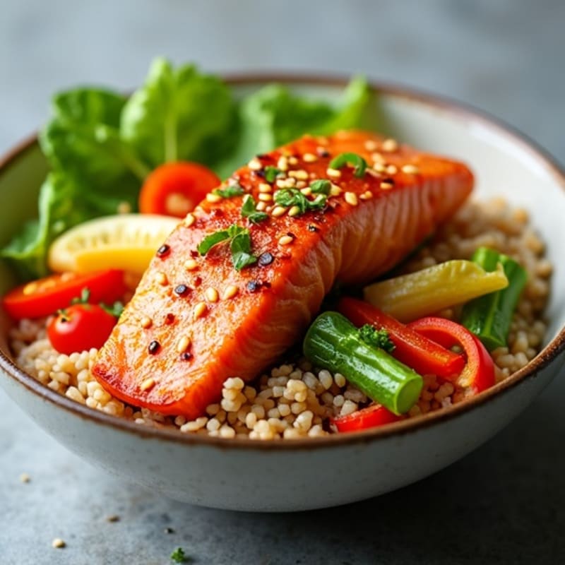 Spicy Sesame Salmon Rice Bowl with Fresh Vegetables