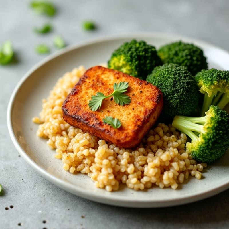 Crispy Baked Tofu with Roasted Broccoli and Fluffy Quinoa