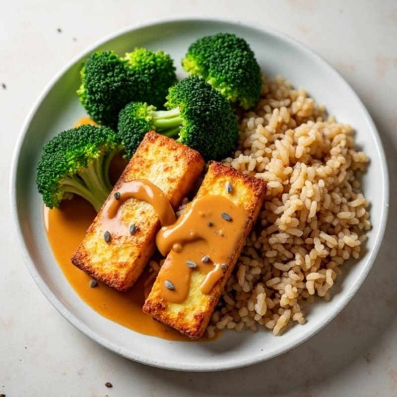 Crispy Peanut Tofu with Steamed Greens and Brown Rice