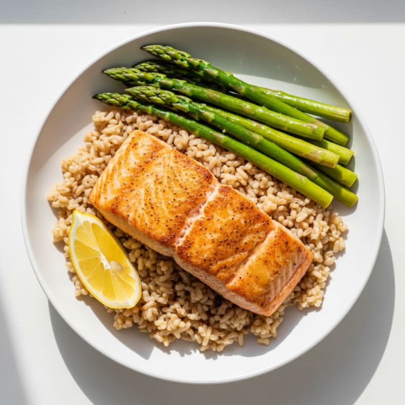 Seared Salmon with Brown Rice and Steamed Asparagus