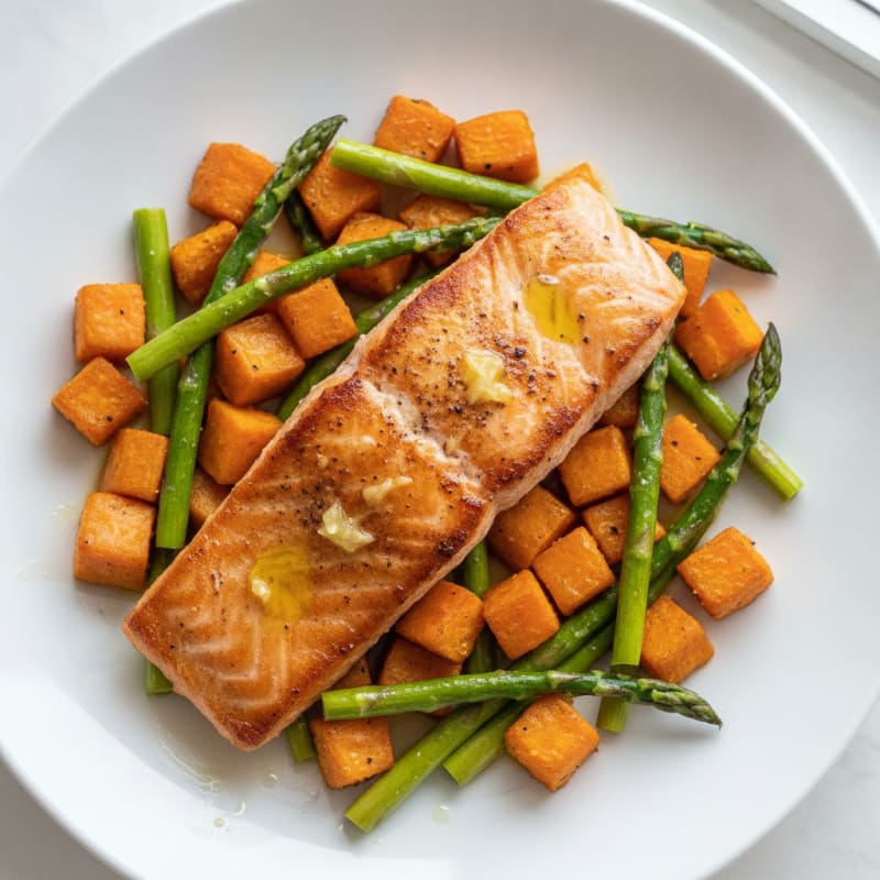 Seared Salmon Fillet with Roasted Sweet Potatoes and Asparagus