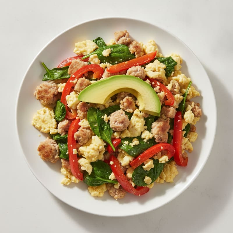 Egg White and Turkey Sausage Scramble with Spinach and Bell Peppers