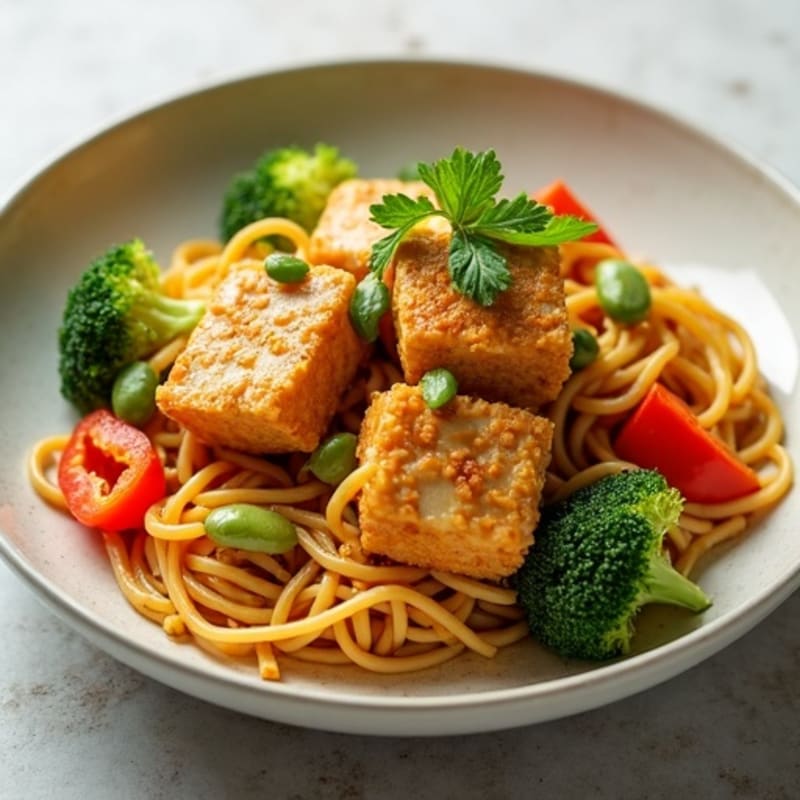 Crispy Tofu with Creamy Peanut Noodles and Fresh Vegetables