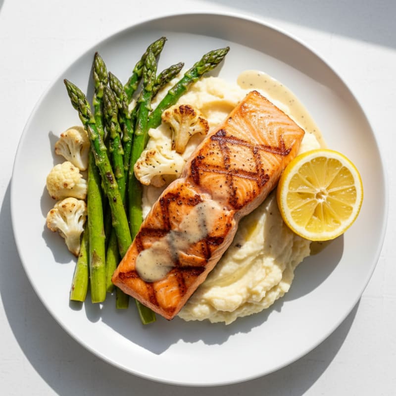 Grilled Salmon Fillet with Roasted Asparagus and Cauliflower Mash