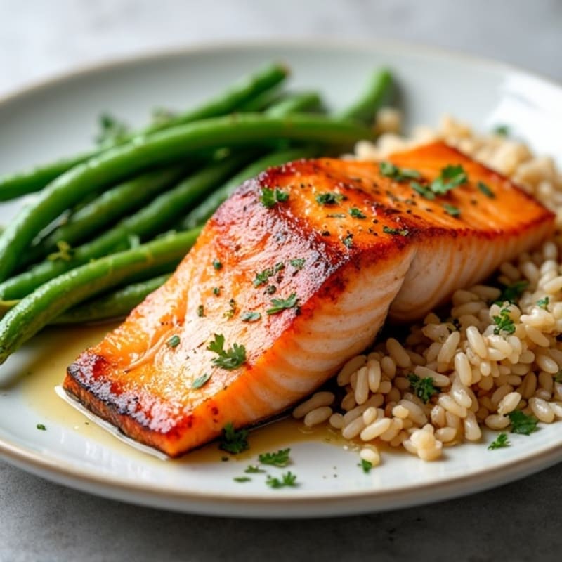 Seared Salmon with Garlic Green Beans and Brown Rice