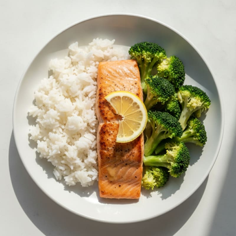 Seared Salmon with Steamed Broccoli and Rice