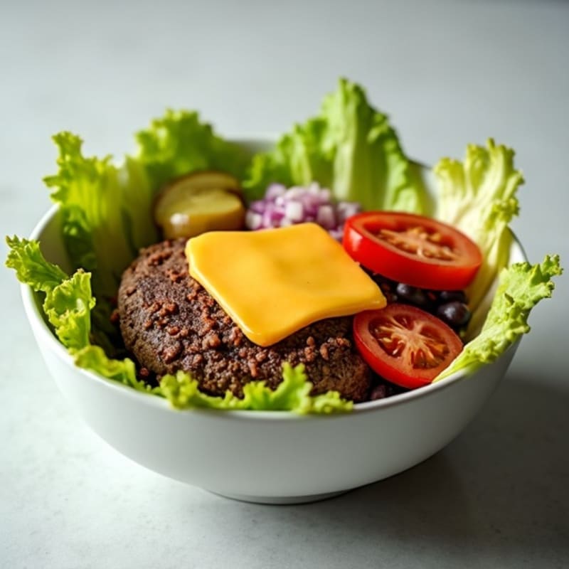 Lean Beef Cheeseburger Bowl with Crispy Lettuce and Pickles