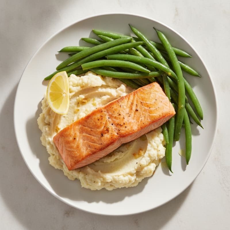 Seared Salmon with Steamed Green Beans and Cauliflower Mash