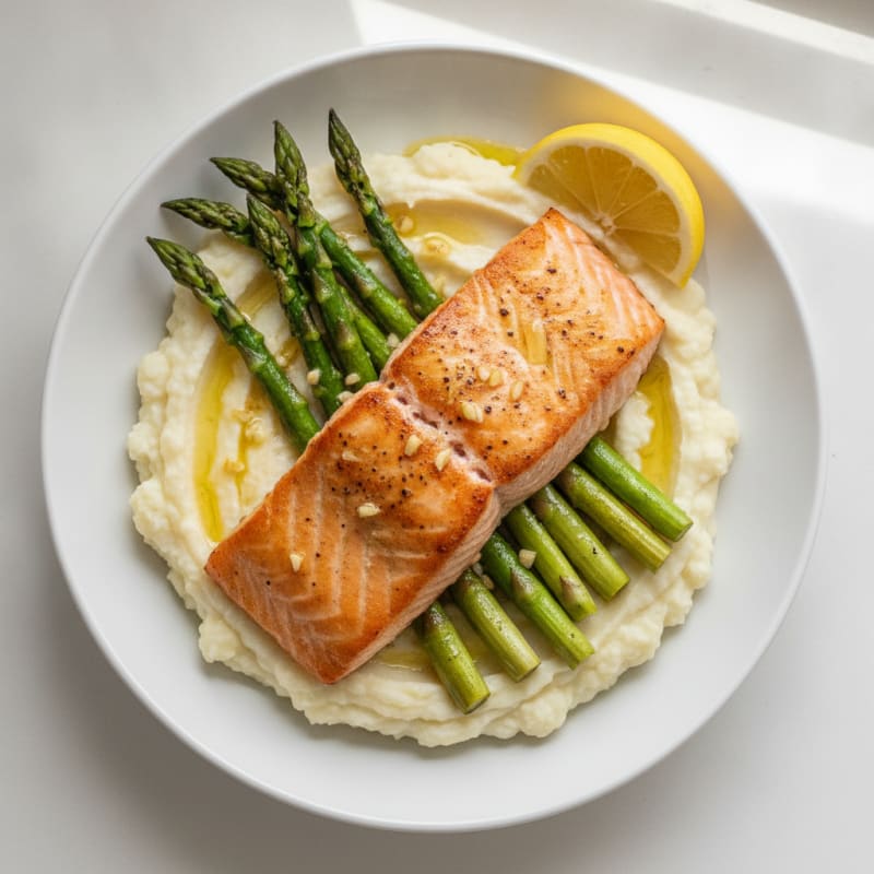 Seared Salmon Fillet with Roasted Asparagus and Cauliflower Mash