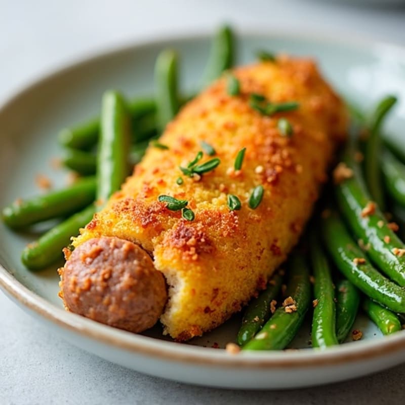 Crispy Cornbread-Crusted Turkey Sausage with Roasted Green Beans