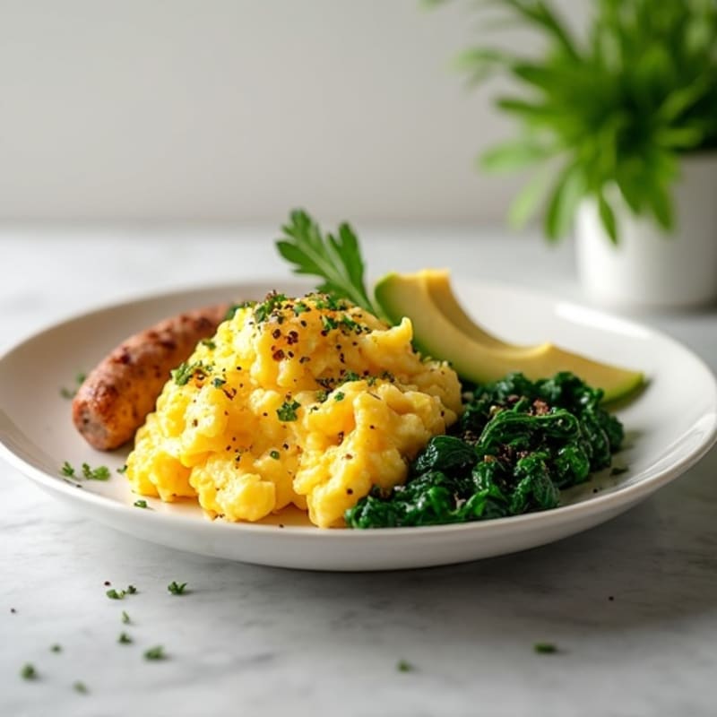Egg White Scramble with Turkey Sausage and Sautéed Spinach