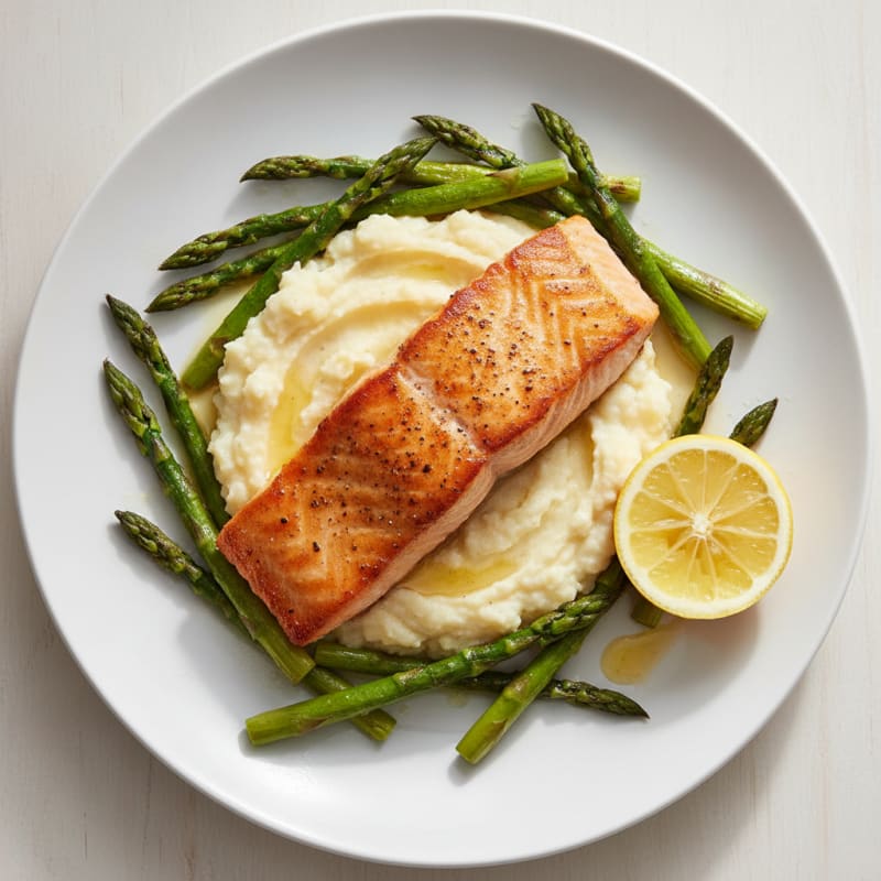 Seared Salmon with Roasted Asparagus and Cauliflower Mash