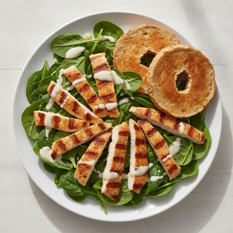 Grilled Chicken and Spinach Salad with Toasted Bagel Slices