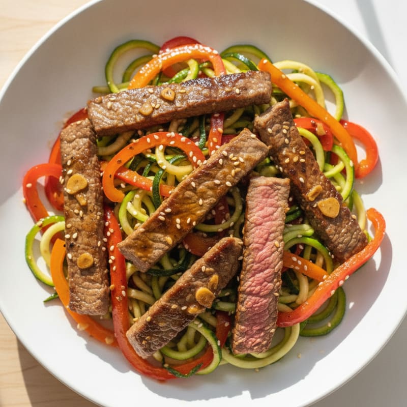 Seared Lean Beef Strips with Zucchini Noodles and Bell Peppers