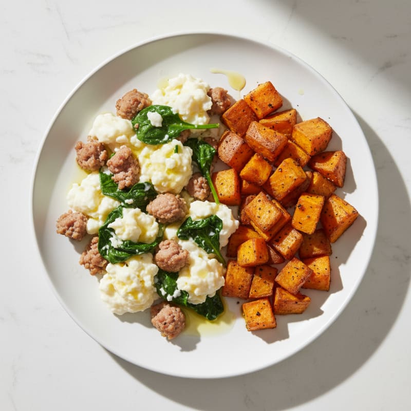 Egg White and Turkey Sausage Scramble with Spinach and Roasted Sweet Potatoes