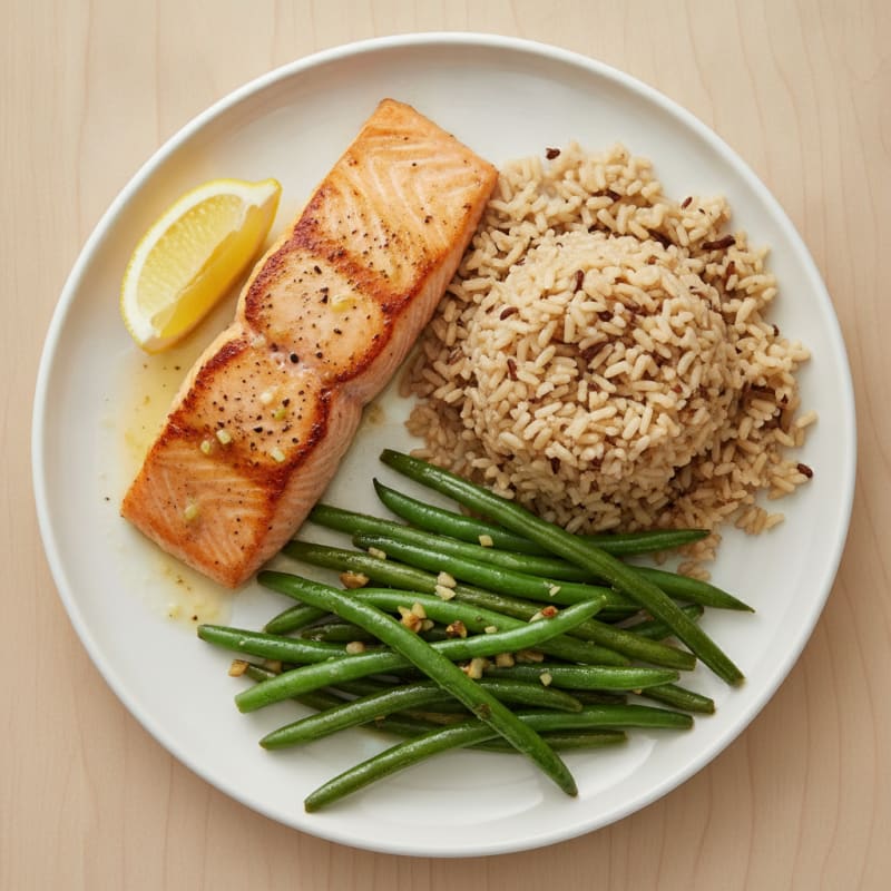 Seared Salmon Fillet with Garlic Green Beans and Brown Rice