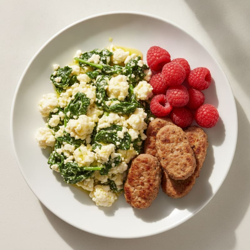Cottage Cheese Scramble with Turkey Sausage and Spinach