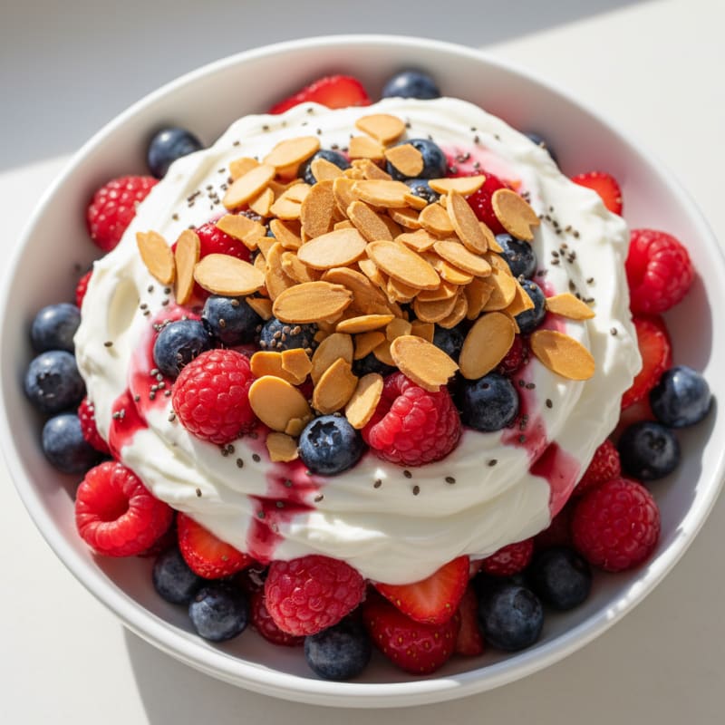 Greek Yogurt Protein Parfait with Mixed Berries and Almonds