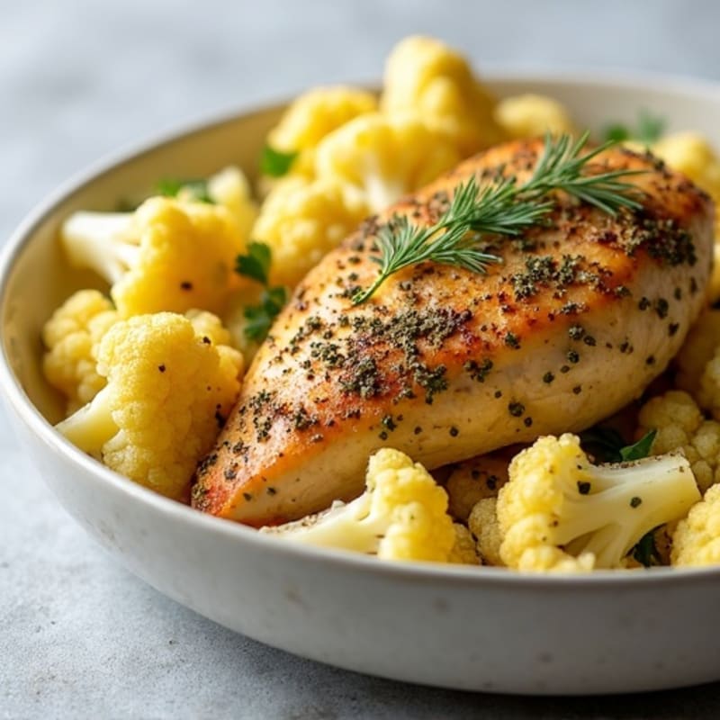 Herb-Crusted Lemon Dill Chicken with Garlic Roasted Cauliflower