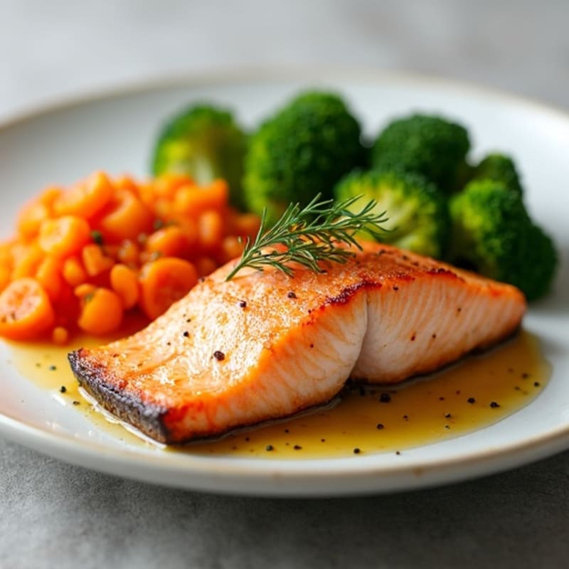 Seared Salmon with Roasted Sweet Potato and Steamed Broccoli