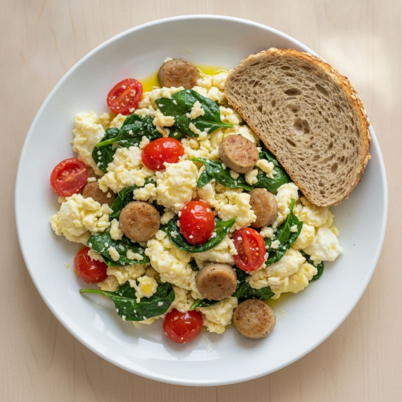 Egg White and Turkey Sausage Scramble with Spinach and Tomatoes