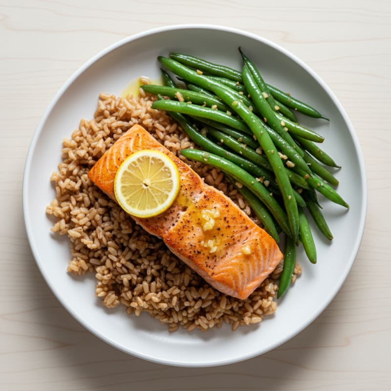 Seared Salmon Fillet with Garlic Green Beans and Brown Rice