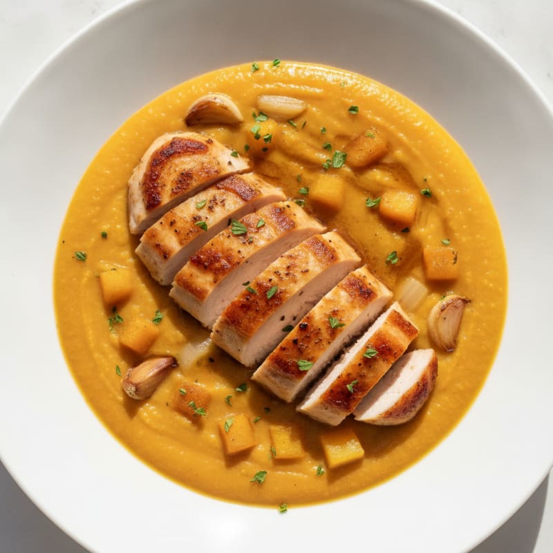 Roasted Butternut Squash and Apple Soup with Seared Chicken