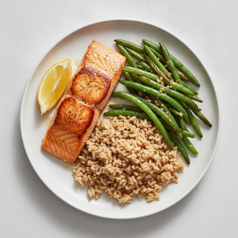 Seared Salmon Fillet with Garlic Green Beans and Brown Rice